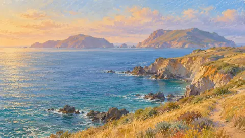 Channel Islands across a calm blue sea – muted pastel organic abstraction Frame TV art