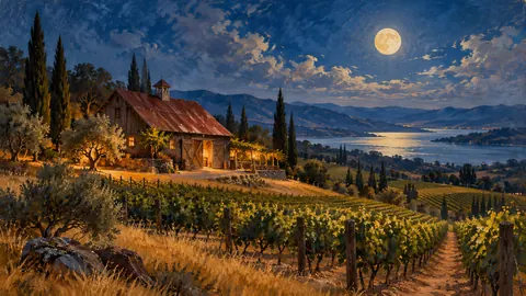 Wine country barn under a full moon – atmospheric oil painting Frame TV art