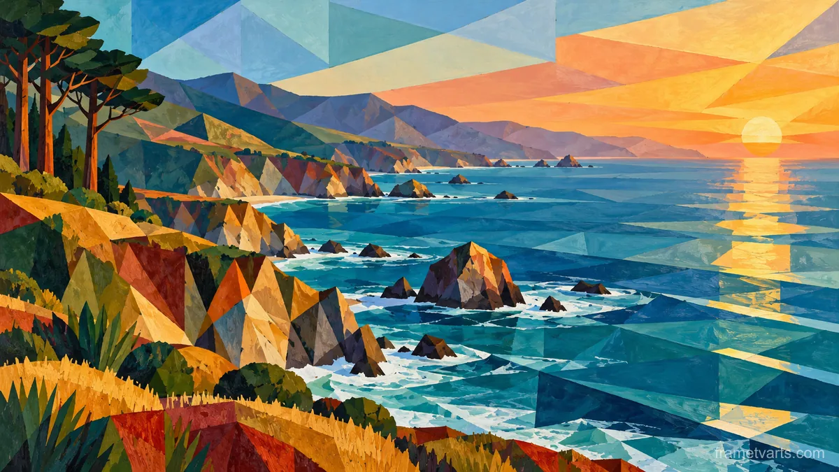 California coastline in jewel-tone geometric shapes – jewel-tone geometric modernism Samsung Frame TV art, 4K
