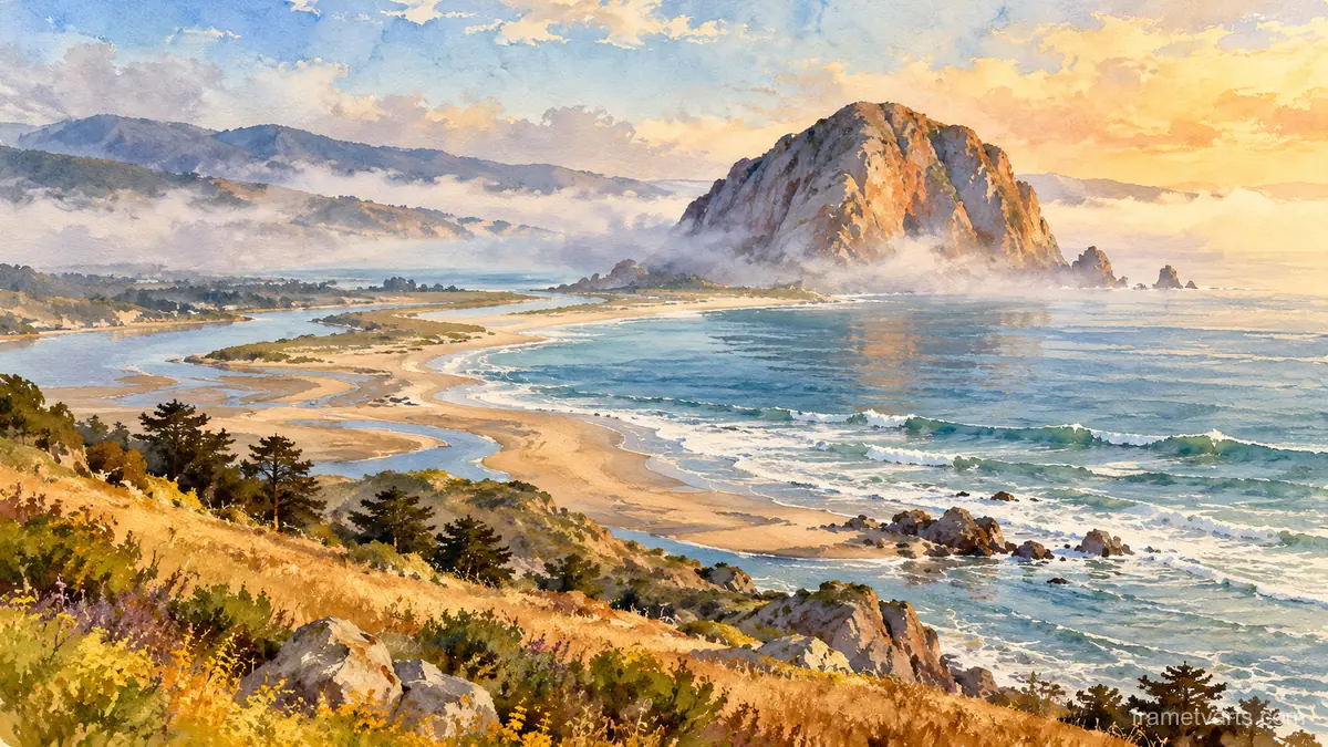 Morro-style rock rising from a misty California bay – loose watercolor Samsung Frame TV art, 4K
