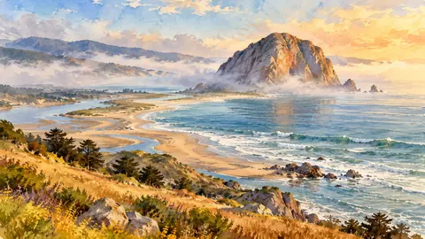 Morro-style rock rising from a misty California bay – loose watercolor Frame TV art