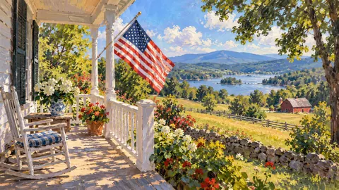 American flag on a farmhouse porch in summer light – impressionist oil painting Frame TV art