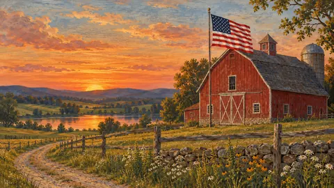 American flag over a red barn at sunset – americana folk painting Frame TV art