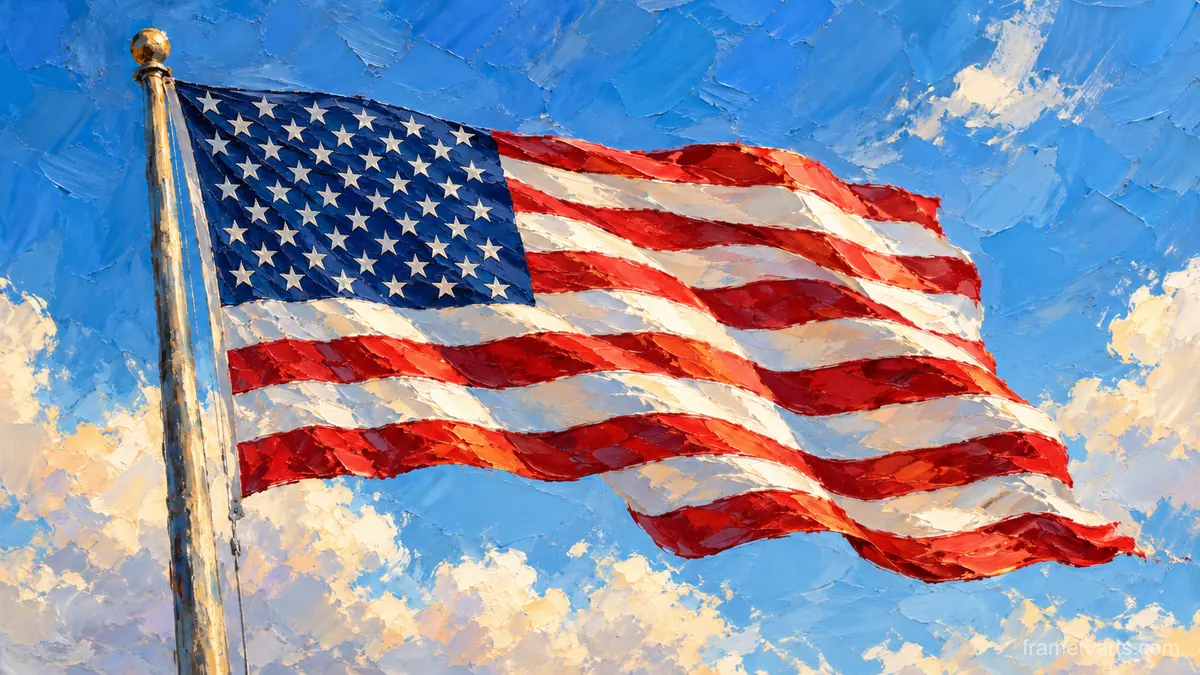 American flag rippling against a clear blue sky – expressive palette-knife painting Samsung Frame TV art, 4K