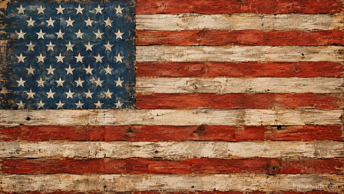 Weathered American flag painted on old barn boards – earth-tone textured abstraction Samsung Frame TV art, 4K