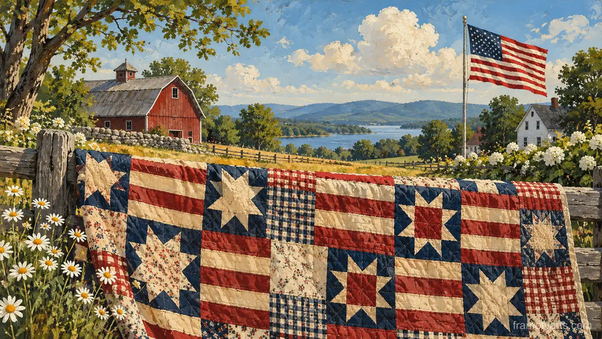 Folk-art stars and stripes quilt – americana folk painting Samsung Frame TV art, 4K