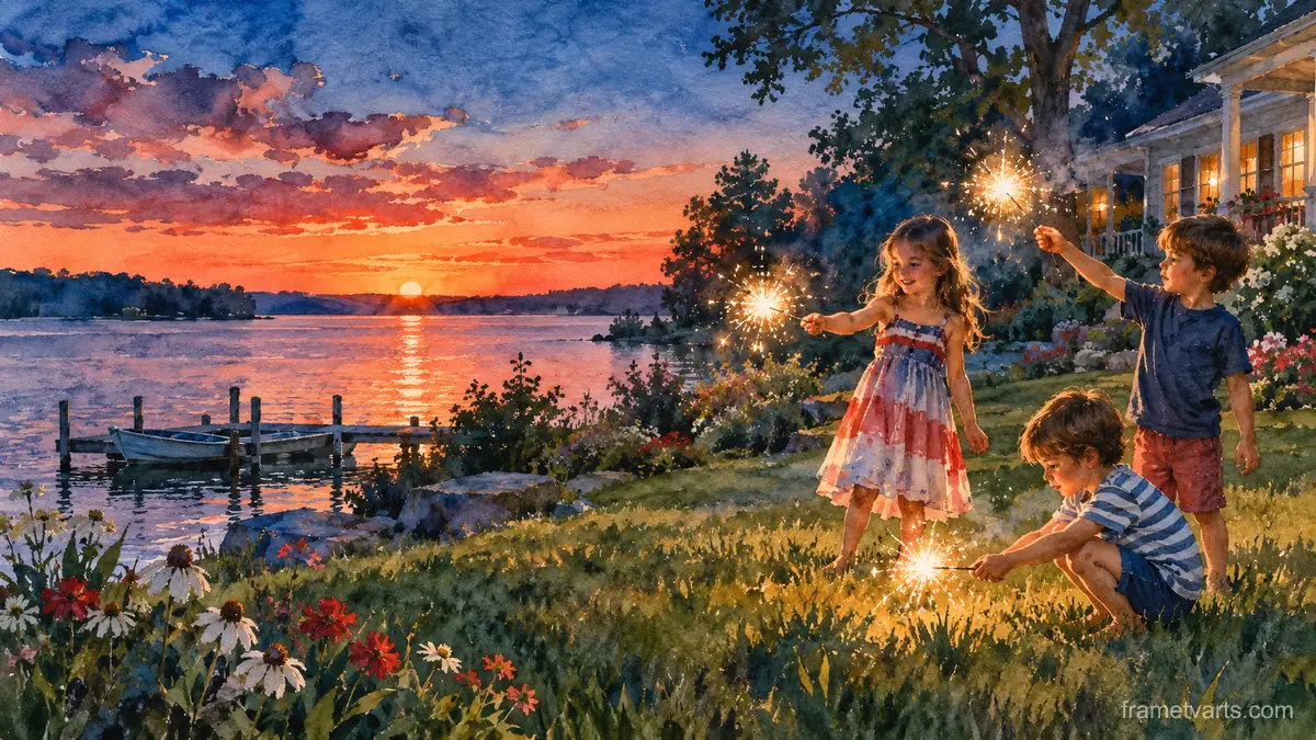 Fourth of July sparklers on a summer lawn at dusk – loose watercolor Samsung Frame TV art, 4K