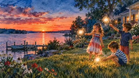 Fourth of July sparklers on a summer lawn at dusk – loose watercolor Frame TV art