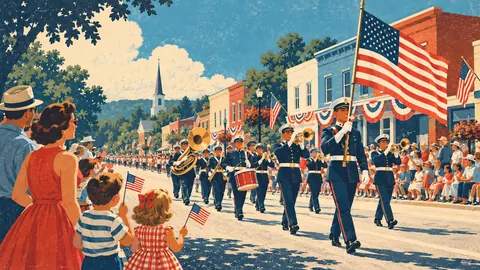 Fourth of July parade down a small-town main street – retro mid-century illustration Frame TV art
