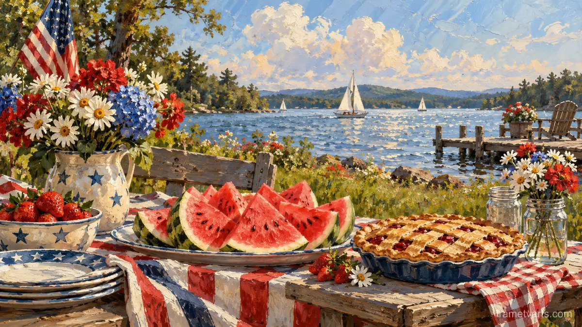 Fourth of July picnic table with watermelon and pie – tonal oil painting Samsung Frame TV art, 4K