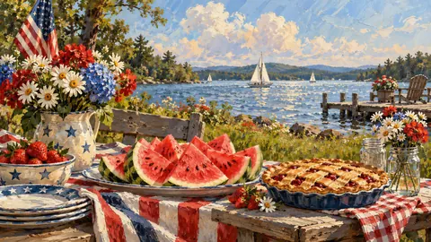 Fourth of July picnic table with watermelon and pie – tonal oil painting Frame TV art