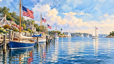 Fourth of July sailboats with flags on a harbour – elegant watercolor Frame TV art