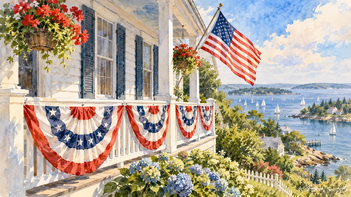 Fourth of July bunting on a white clapboard house – loose watercolor Samsung Frame TV art, 4K