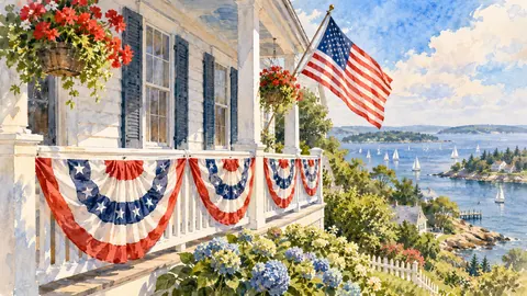 Fourth of July bunting on a white clapboard house – loose watercolor Frame TV art