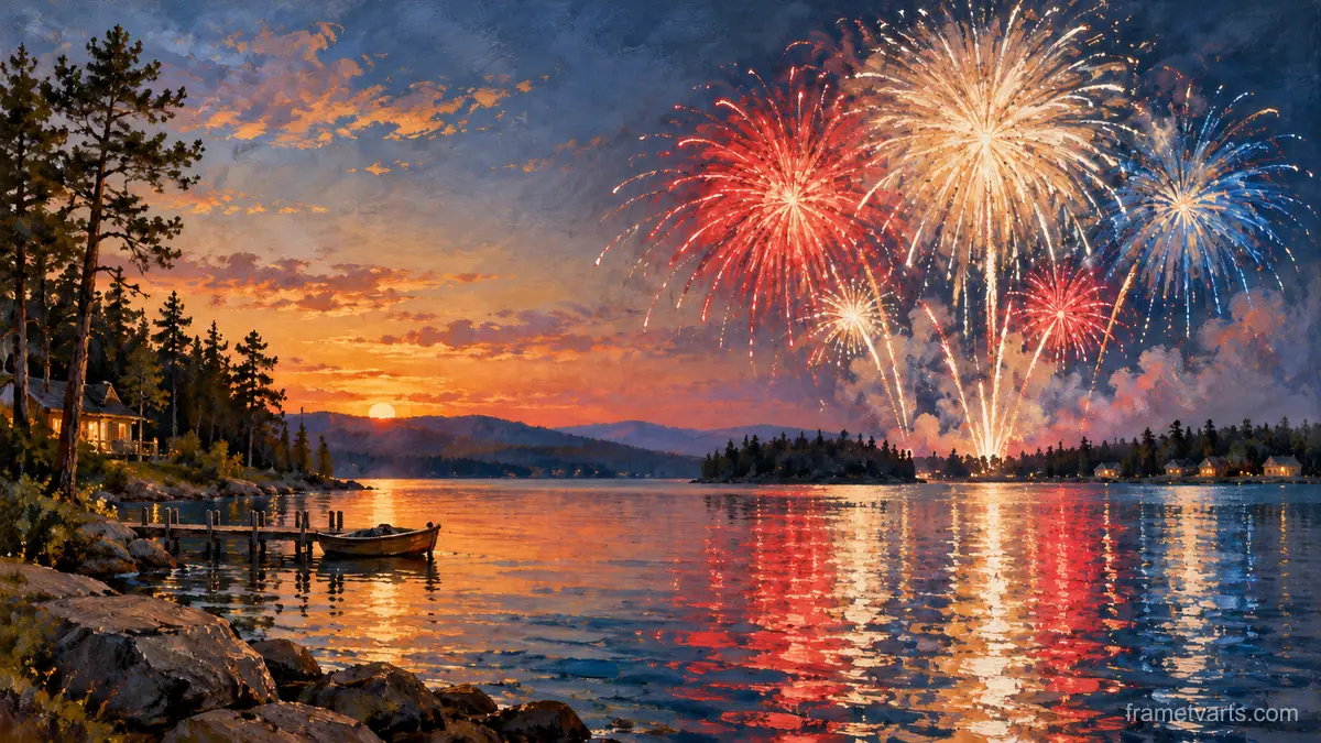 Fourth of July skyrockets bursting over a lake – atmospheric oil painting Samsung Frame TV art, 4K