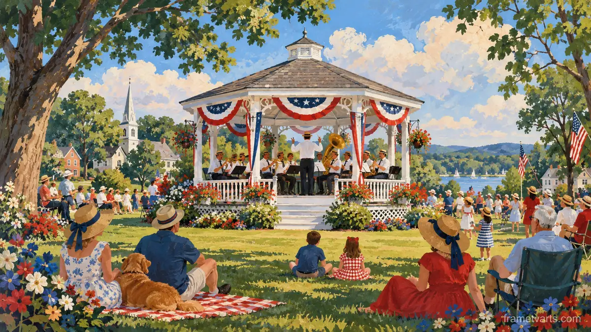Independence Day bandstand in a town green – decorative folk gouache Samsung Frame TV art, 4K