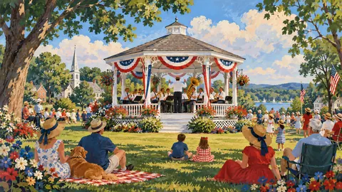 Independence Day bandstand in a town green – decorative folk gouache Frame TV art