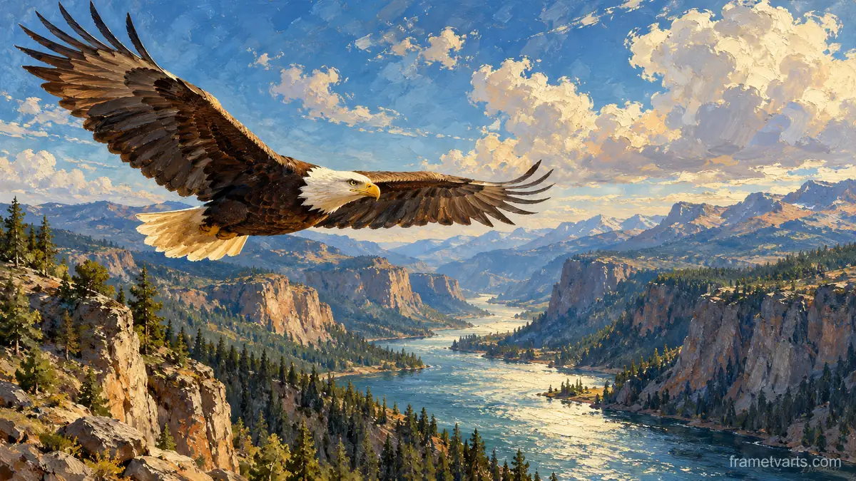 Bald eagle in flight over a river canyon – atmospheric oil painting Samsung Frame TV art, 4K