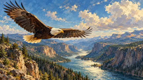 Bald eagle in flight over a river canyon – atmospheric oil painting Frame TV art