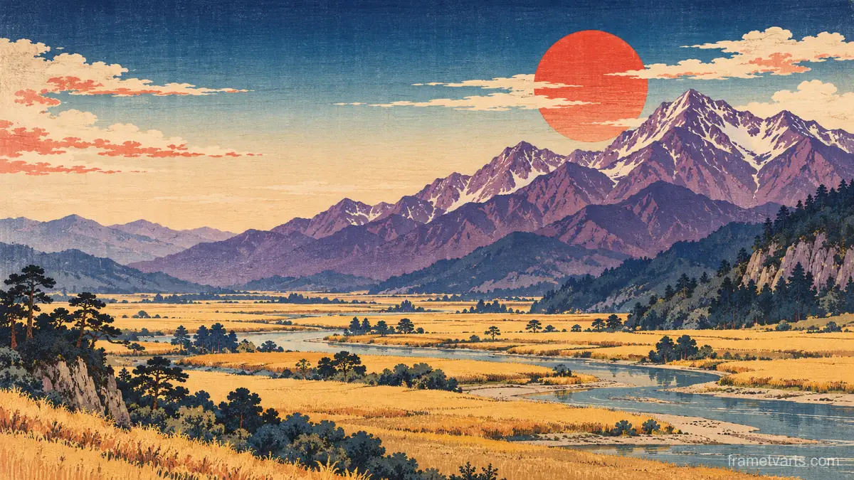 Purple mountains above golden plains – japanese-inspired woodblock print Samsung Frame TV art, 4K