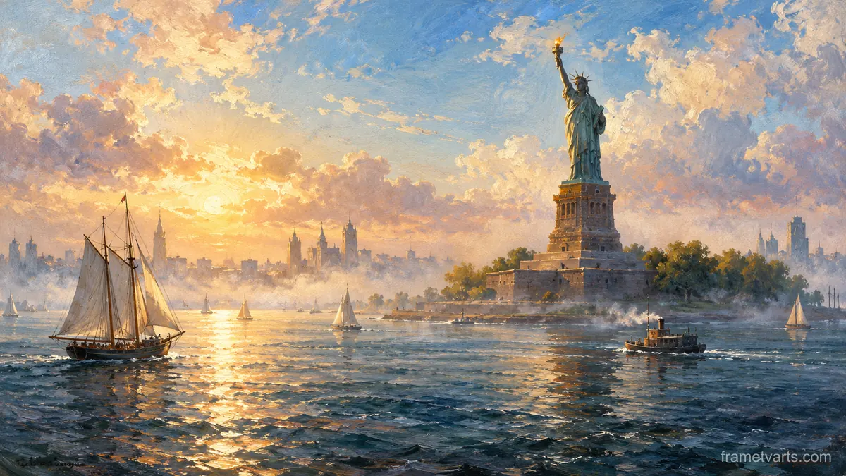 Torch-bearing statue in a misty harbour – atmospheric oil painting Samsung Frame TV art, 4K