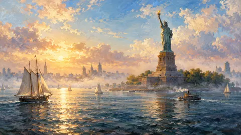 Torch-bearing statue in a misty harbour – atmospheric oil painting Frame TV art
