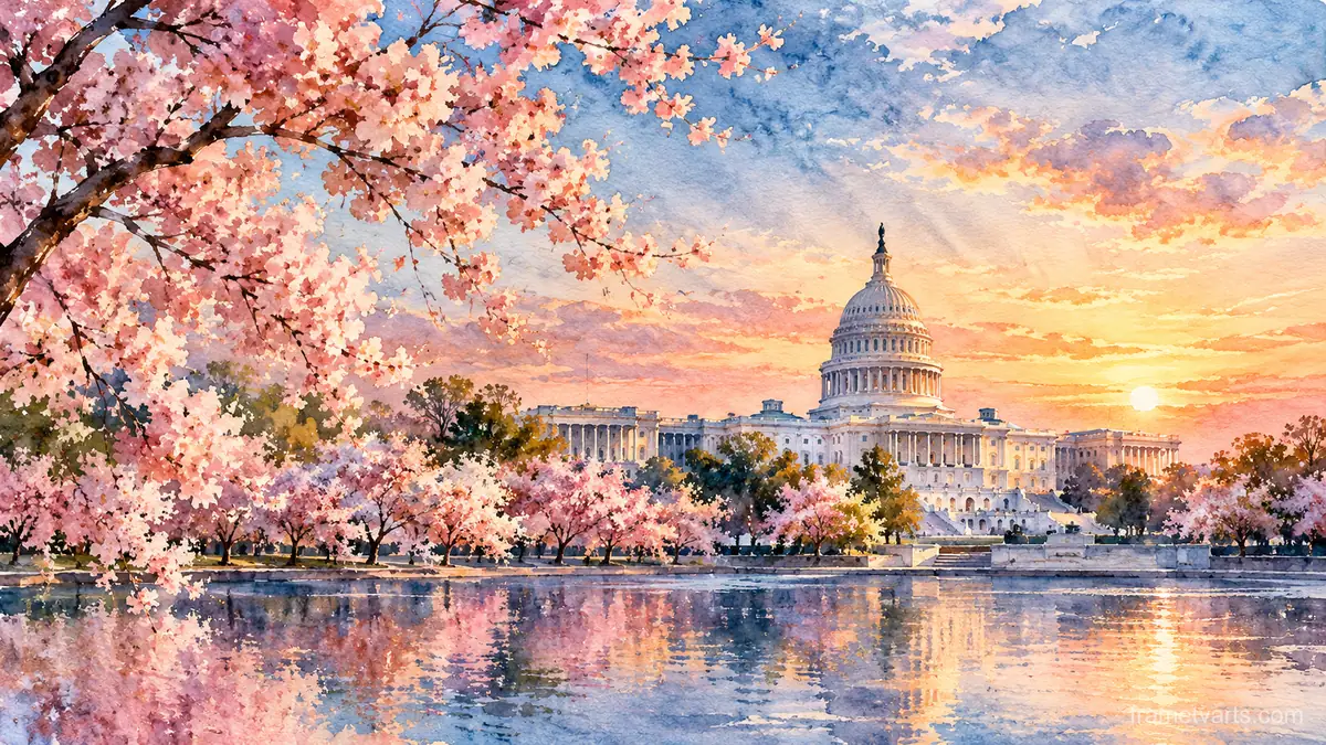 Capitol dome at dawn among cherry trees – loose watercolor Samsung Frame TV art, 4K
