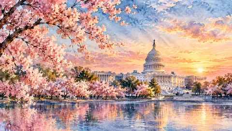 Capitol dome at dawn among cherry trees – loose watercolor Frame TV art