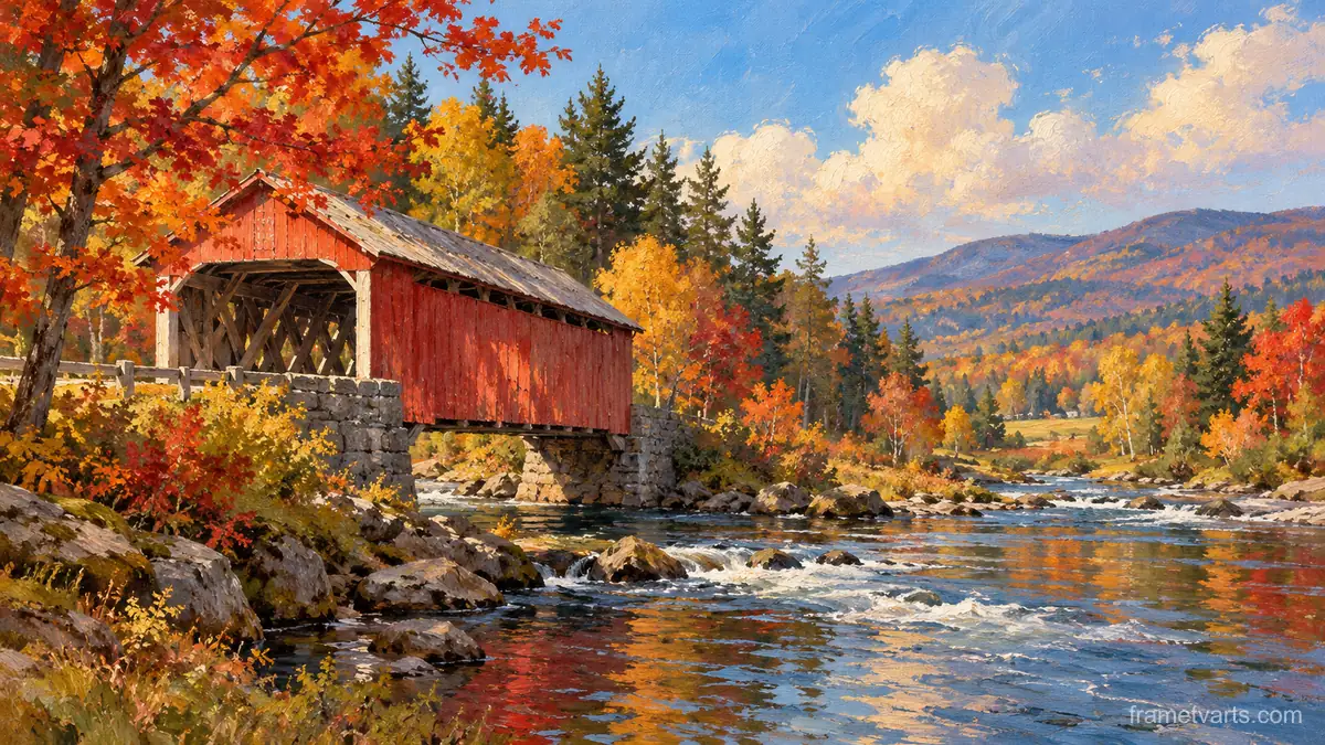 Covered bridge in New England autumn – impressionist oil painting Samsung Frame TV art, 4K