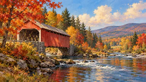 Covered bridge in New England autumn – impressionist oil painting Frame TV art