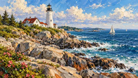 Maine lighthouse on granite rocks – expressive palette-knife painting Frame TV art