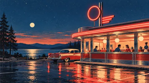 Small-town diner at night with neon glow – retro mid-century illustration Frame TV art