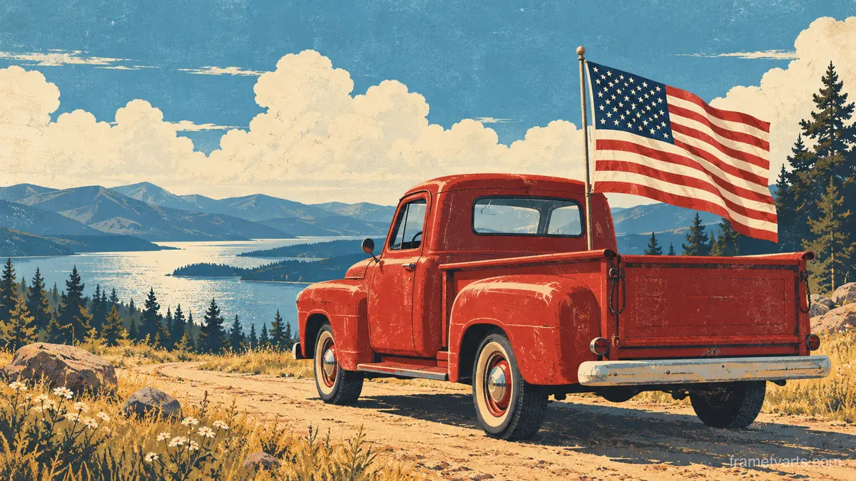 Vintage pickup truck with a flag in the bed – retro mid-century illustration Samsung Frame TV art, 4K