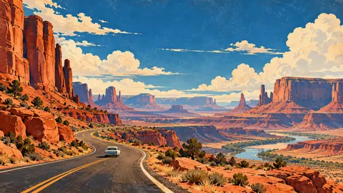 Route through red-rock country with a lone car – vintage travel poster illustration Frame TV art