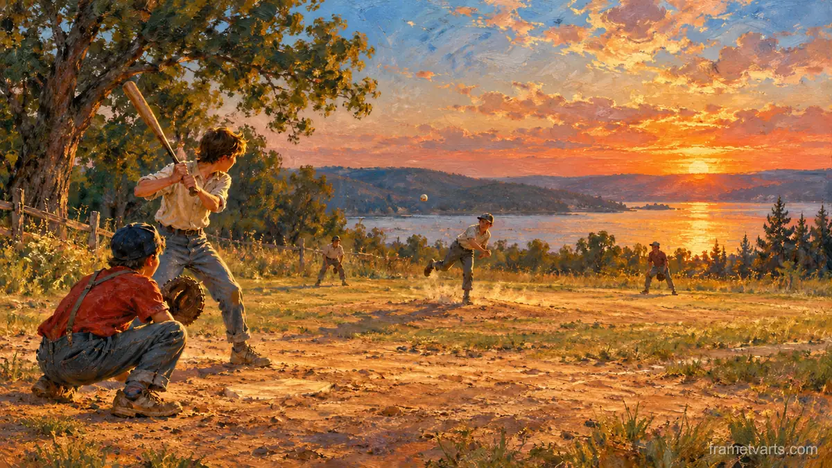 Sandlot baseball game at sunset – impressionist oil painting Samsung Frame TV art, 4K