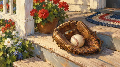 Baseball glove and ball on a porch step – tonal oil painting Frame TV art