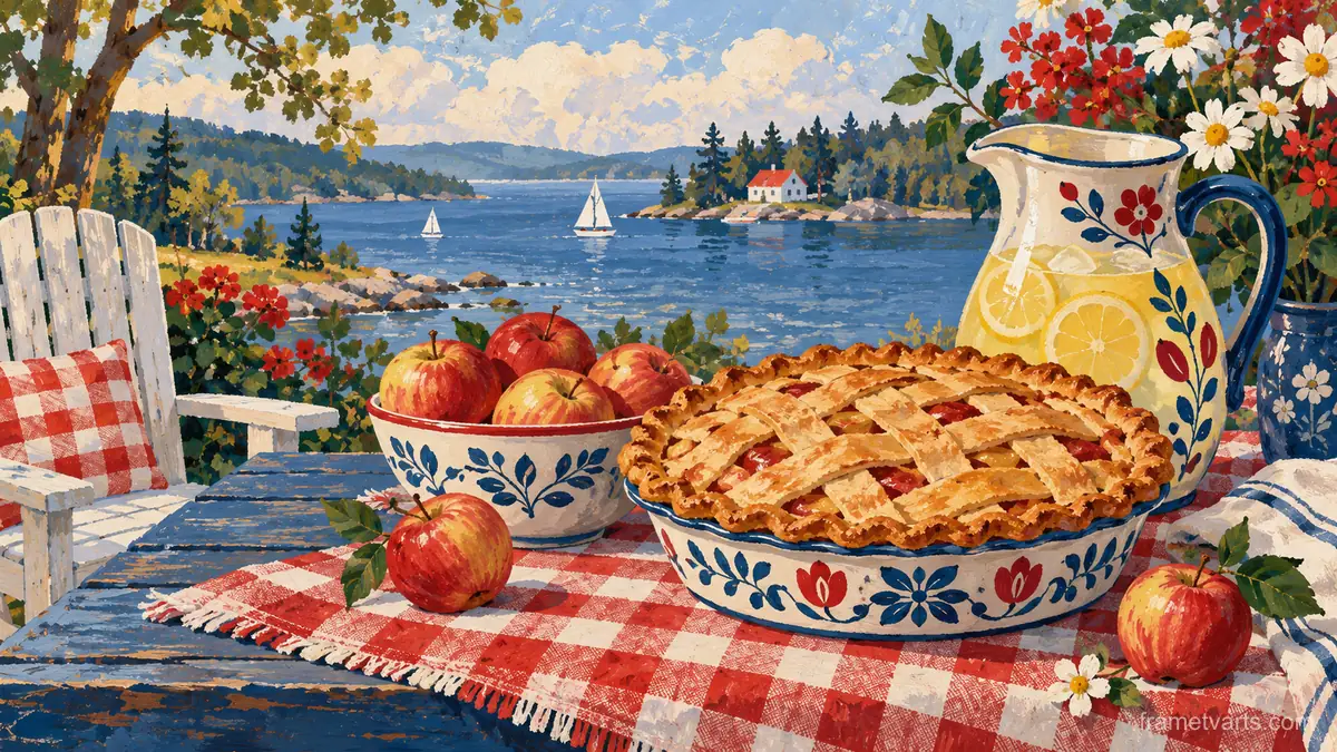 Apple pie and a jug of lemonade on a checked cloth – decorative folk gouache Samsung Frame TV art, 4K