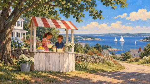 Lemonade stand with children at a distance – storybook gouache Frame TV art