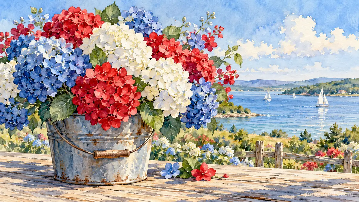 Red, white and blue hydrangeas in a tin bucket – botanical watercolor Samsung Frame TV art, 4K
