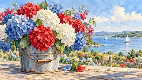 Red, white and blue hydrangeas in a tin bucket – botanical watercolor Frame TV art