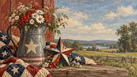 Americana still life of stars and a tin pitcher – americana folk painting Frame TV art