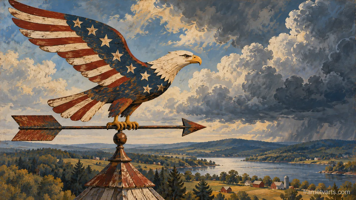 Patriotic weathervane eagle against storm clouds – americana folk painting Samsung Frame TV art, 4K