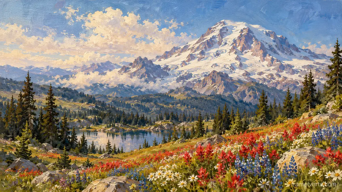 Mount Rainier above wildflower meadows – impressionist oil painting Samsung Frame TV art, 4K
