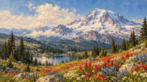Mount Rainier above wildflower meadows – impressionist oil painting Frame TV art