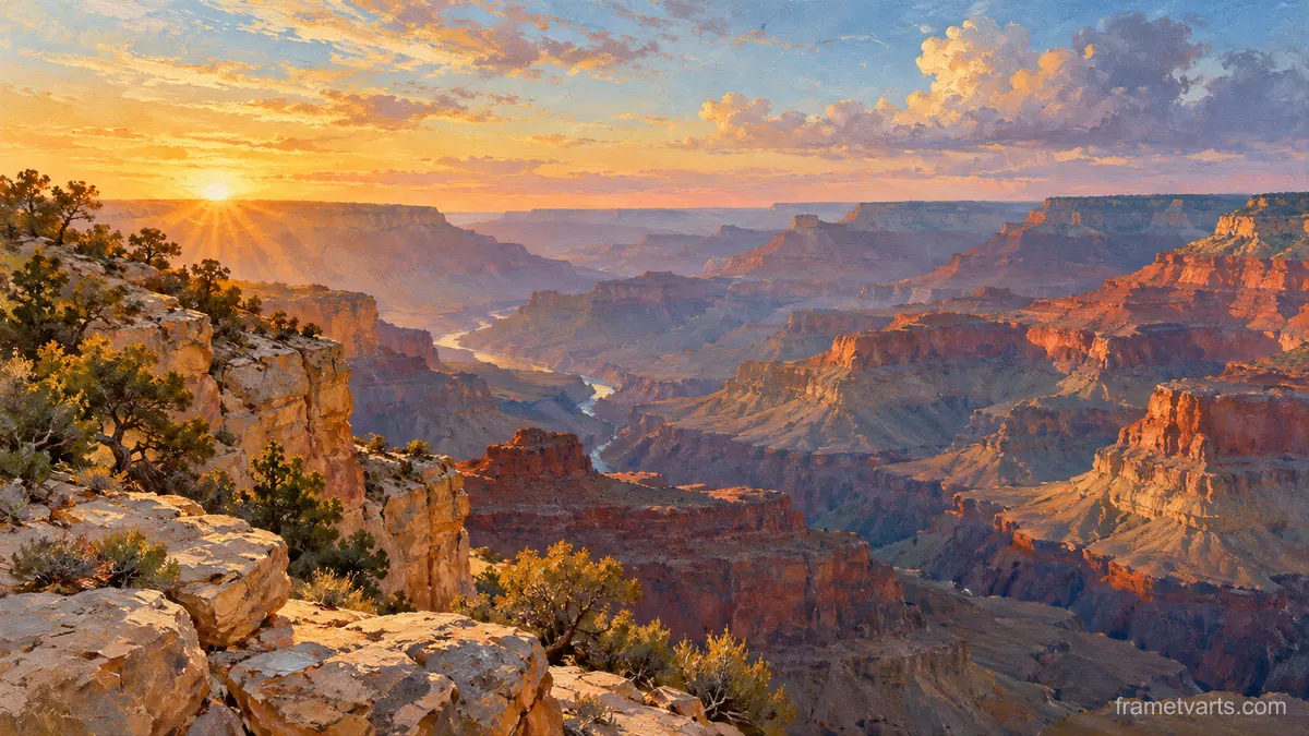 Grand canyon rim at sunrise – atmospheric oil painting Samsung Frame TV art, 4K