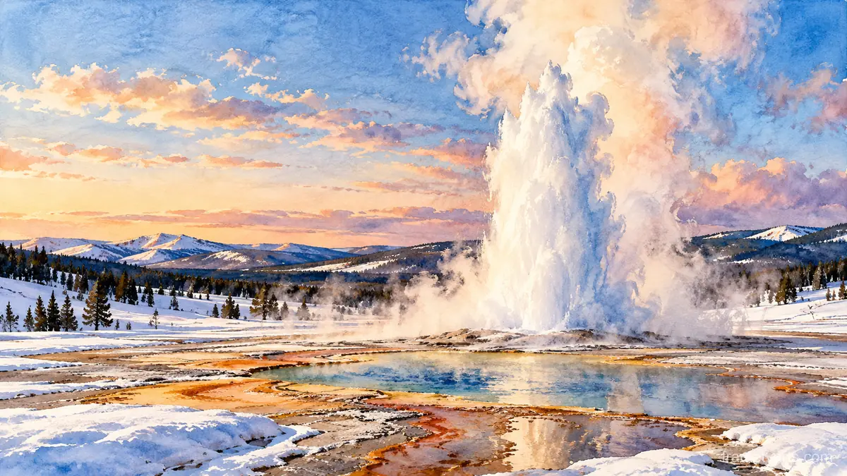 Yellowstone geyser steaming in winter – loose watercolor Samsung Frame TV art, 4K