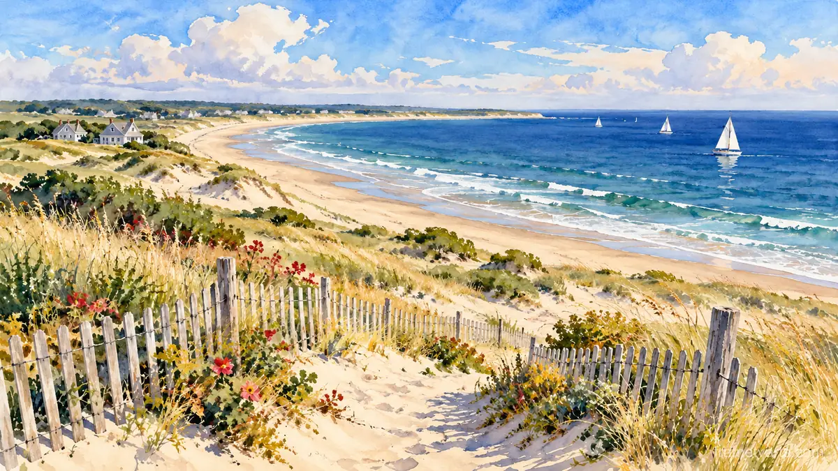 Cape Cod dunes with a picket fence – loose watercolor Samsung Frame TV art, 4K