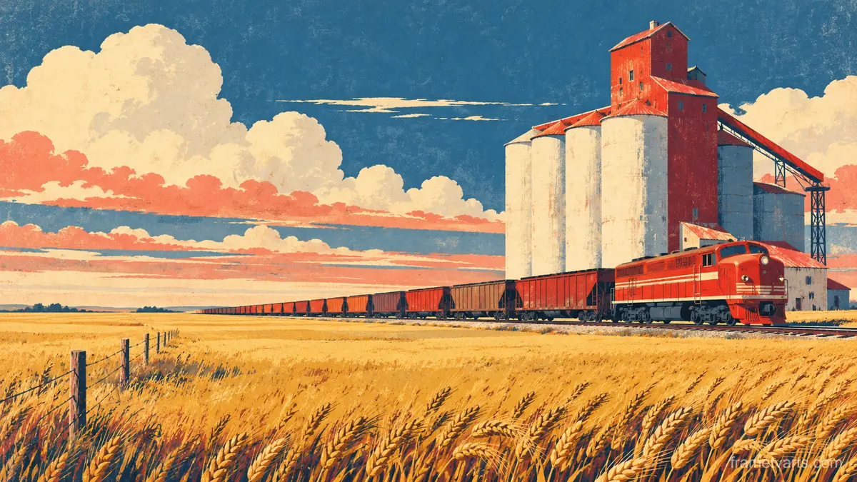 Wheat silo and train on the prairie – retro mid-century illustration Samsung Frame TV art, 4K