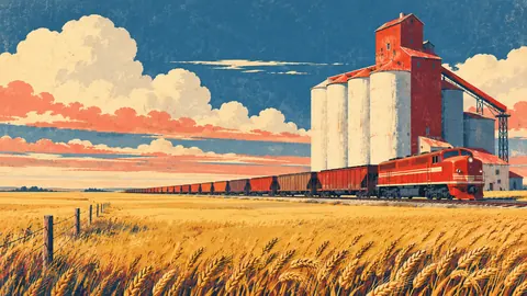 Wheat silo and train on the prairie – retro mid-century illustration Frame TV art