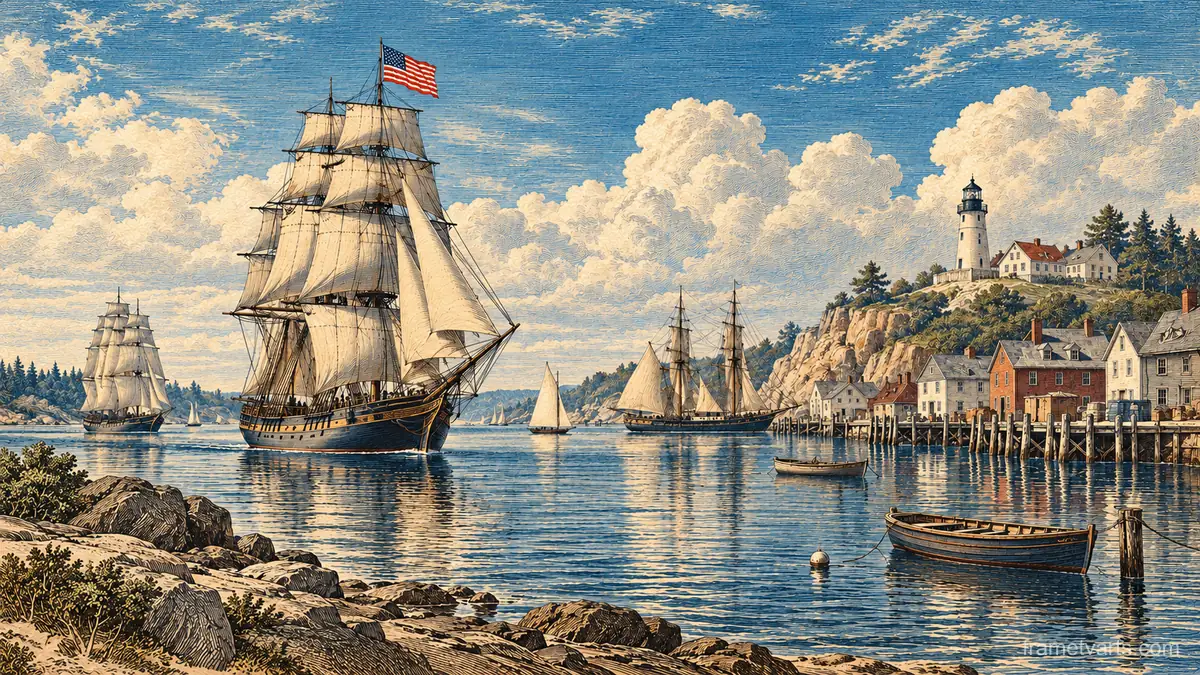 Liberty-blue harbour with tall ships – vintage plate engraving Samsung Frame TV art, 4K
